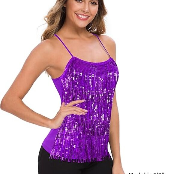 MANER Women’s Sequin Fringe Top Sparkly Party Tank Top Tassel Trim Cami - Picture 1 of 5